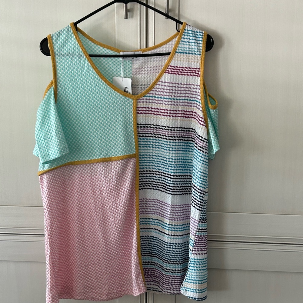 Lemon Love Colorful Patchwork Cold Shoulder Top